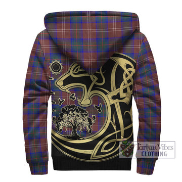 Chisholm Hunting Modern Tartan Sherpa Hoodie with Family Crest Celtic Wolf Style