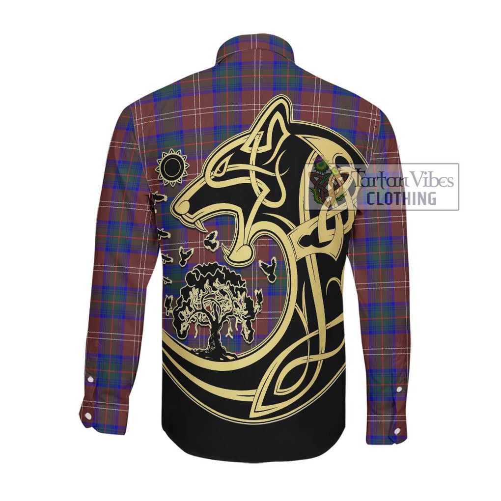 Chisholm Hunting Modern Tartan Long Sleeve Button Shirt with Family Crest Celtic Wolf Style Men's Shirt - Tartan Vibes Clothing