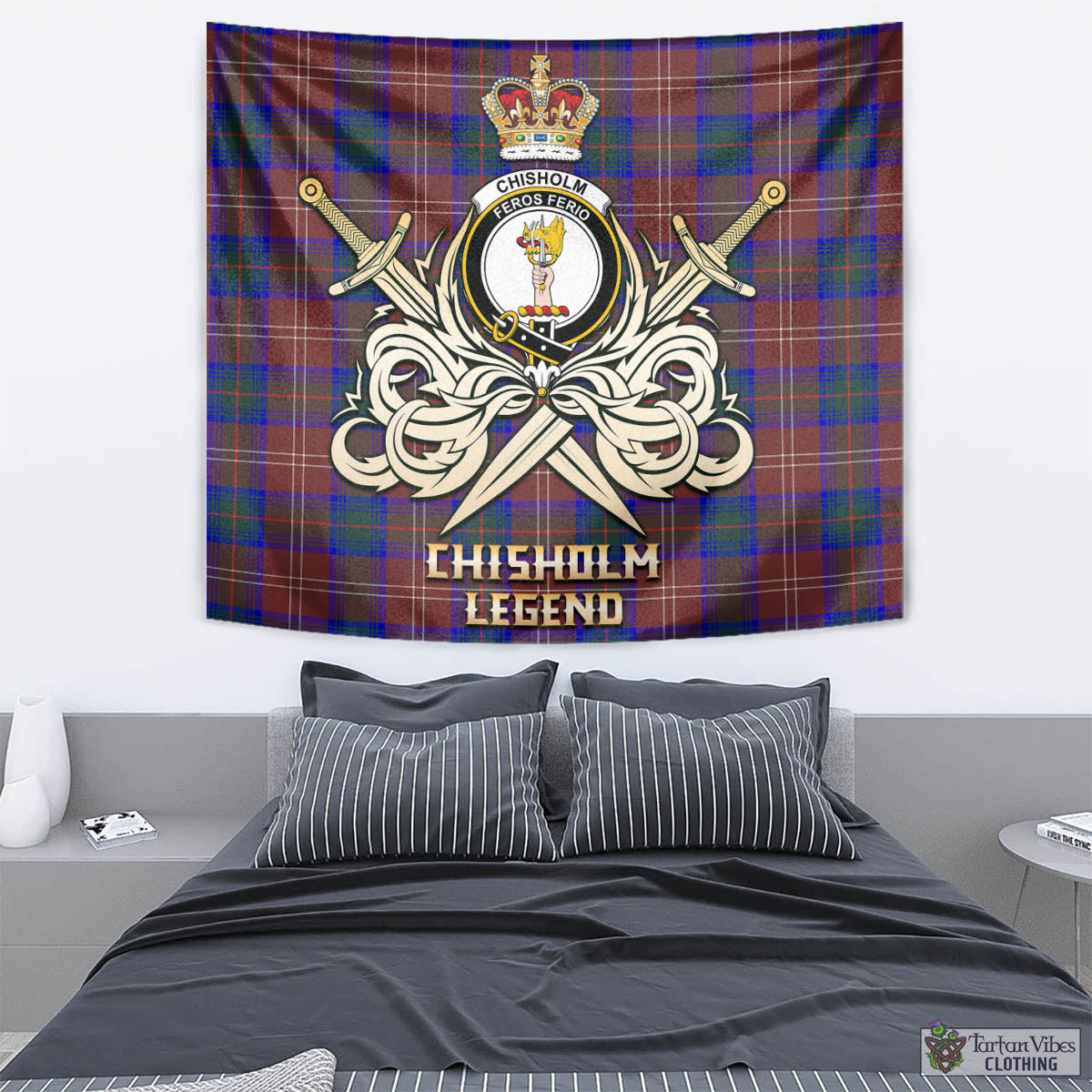 Tartan Vibes Clothing Chisholm Hunting Modern Tartan Tapestry with Clan Crest and the Golden Sword of Courageous Legacy