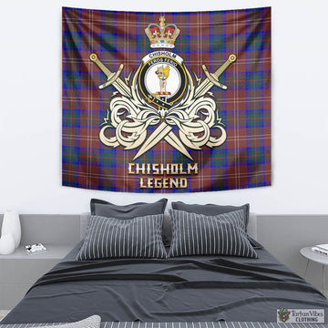 Chisholm Hunting Modern Tartan Tapestry with Clan Crest and the Golden Sword of Courageous Legacy