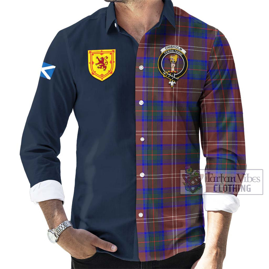 Tartan Vibes Clothing Chisholm Hunting Modern Tartan Long Sleeve Button Shirt with Scottish Lion Royal Arm Half Style