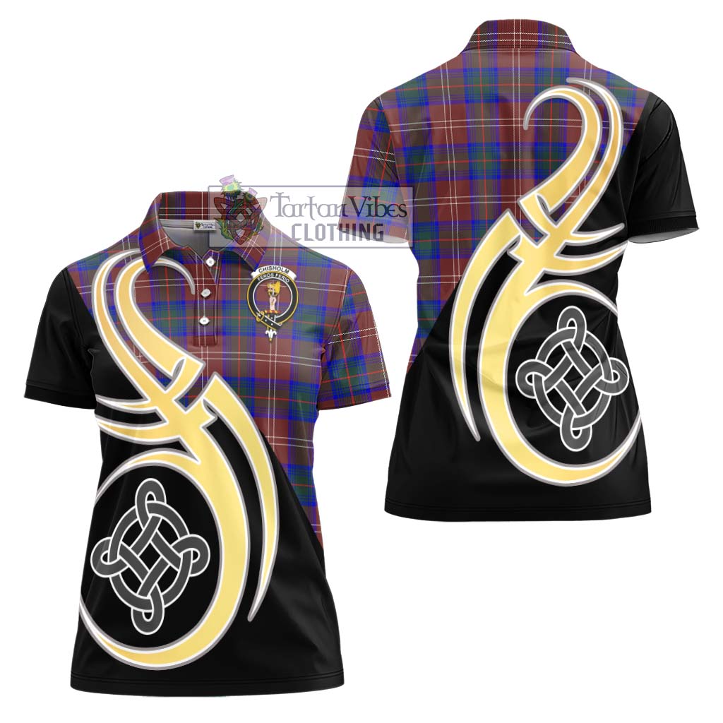 Chisholm Hunting Modern Tartan Women's Polo Shirt with Family Crest and Celtic Symbol Style - Tartan Vibes Clothing