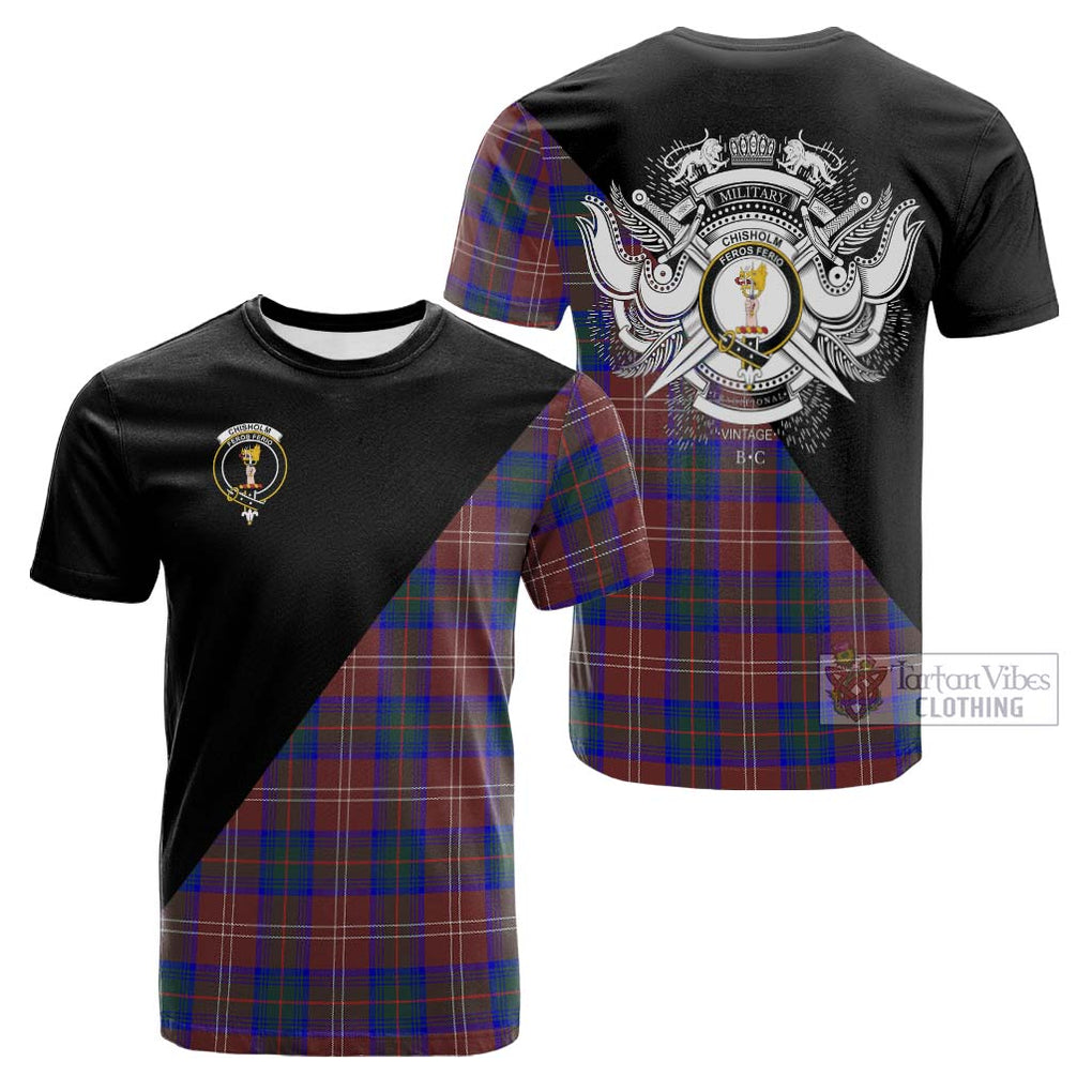 Tartan Vibes Clothing Chisholm Hunting Modern Tartan Cotton T-shirt with Family Crest and Military Logo Style