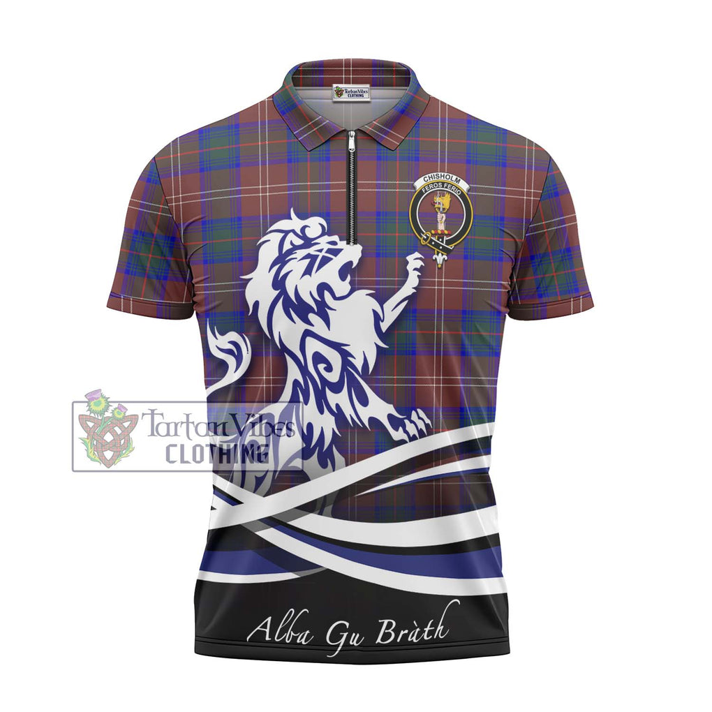 Chisholm Hunting Modern Tartan Zipper Polo Shirt with Alba Gu Brath Regal Lion Emblem - Tartanvibesclothing Shop