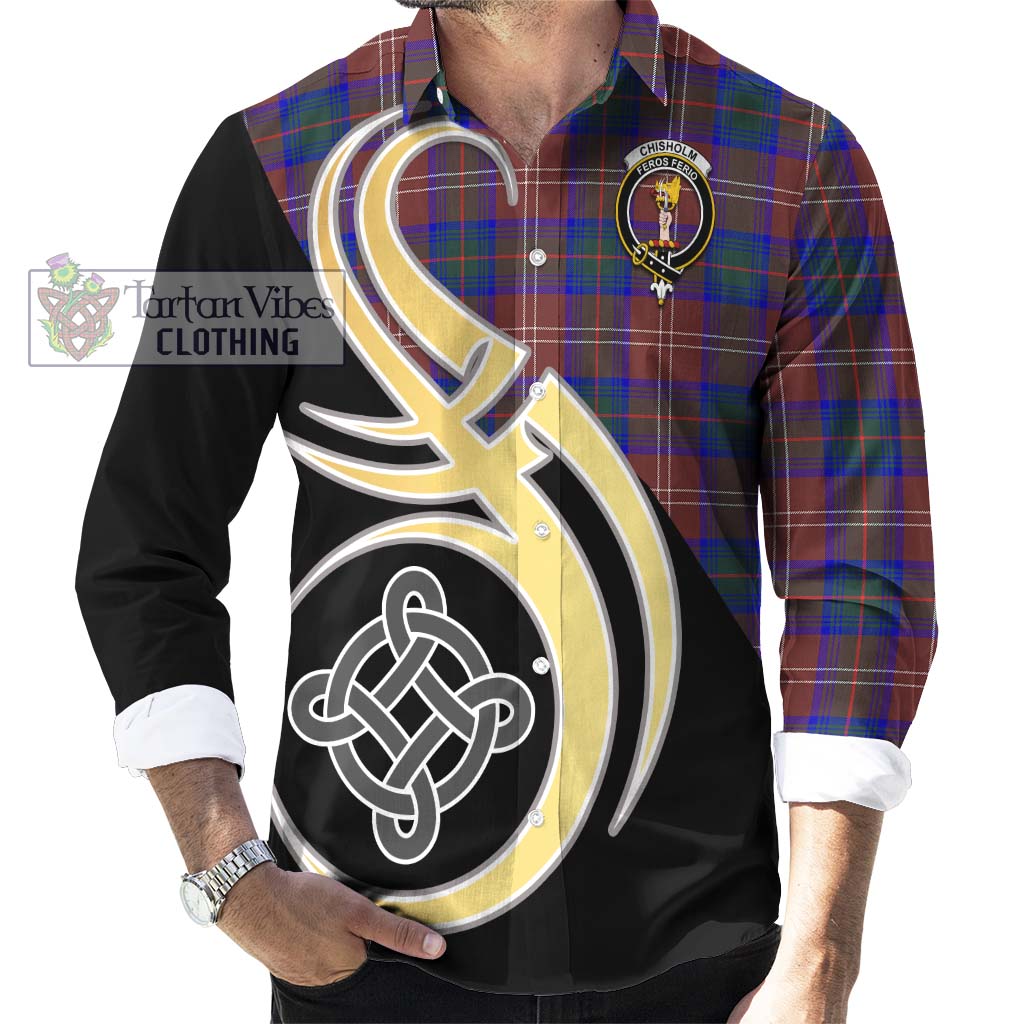 Chisholm Hunting Modern Tartan Long Sleeve Button Shirt with Family Crest and Celtic Symbol Style - Tartan Vibes Clothing