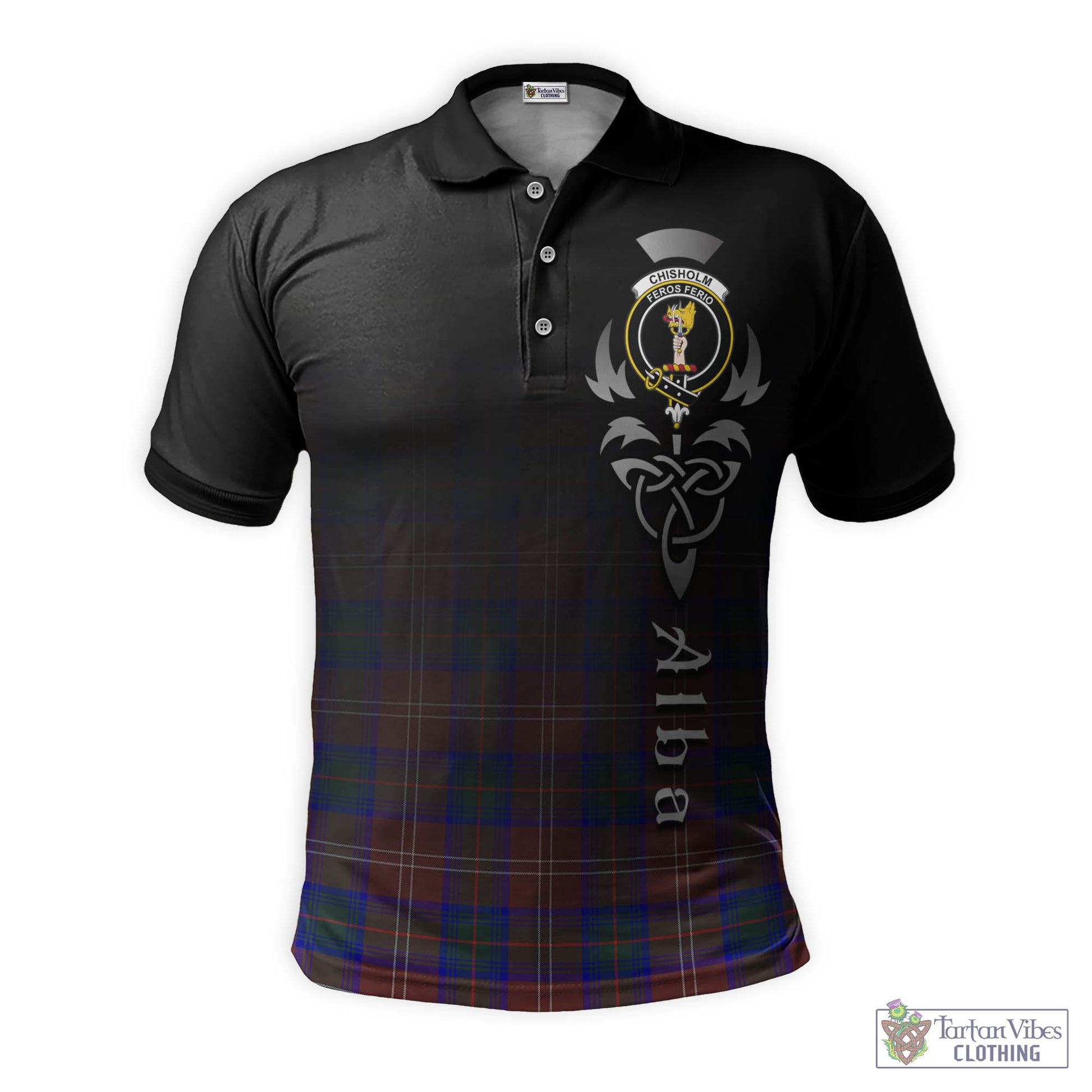 Tartan Vibes Clothing Chisholm Hunting Modern Tartan Polo Shirt Featuring Alba Gu Brath Family Crest Celtic Inspired