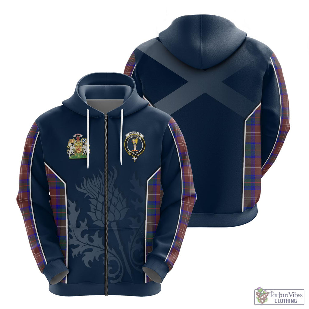 Tartan Vibes Clothing Chisholm Hunting Modern Tartan Hoodie with Family Crest and Scottish Thistle Vibes Sport Style