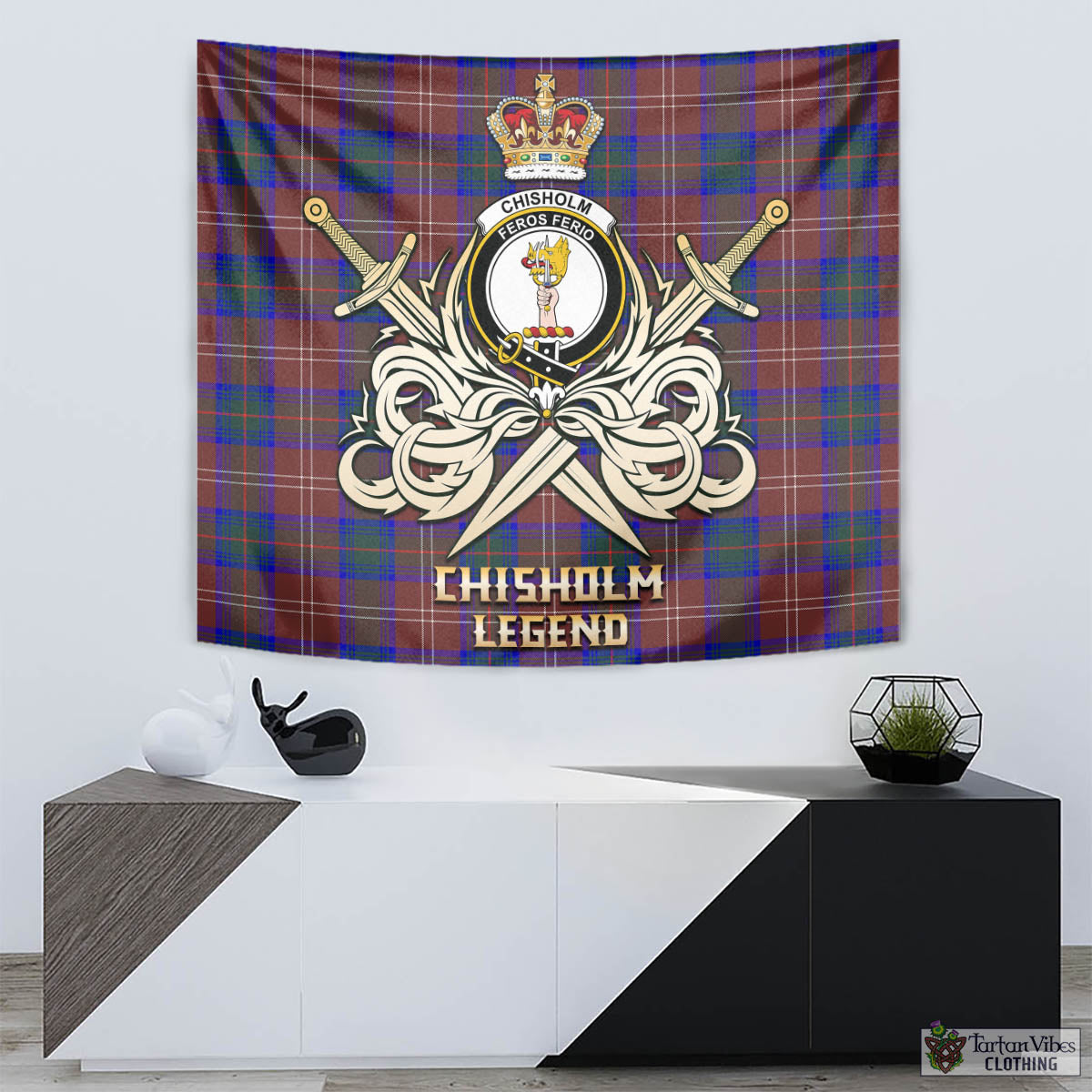 Tartan Vibes Clothing Chisholm Hunting Modern Tartan Tapestry with Clan Crest and the Golden Sword of Courageous Legacy