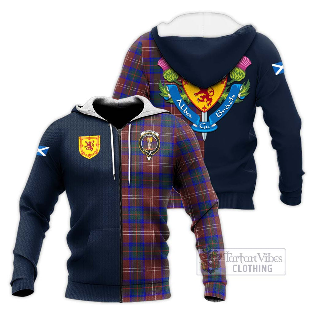 Tartan Vibes Clothing Chisholm Hunting Modern Tartan Knitted Hoodie with Scottish Lion Royal Arm Half Style