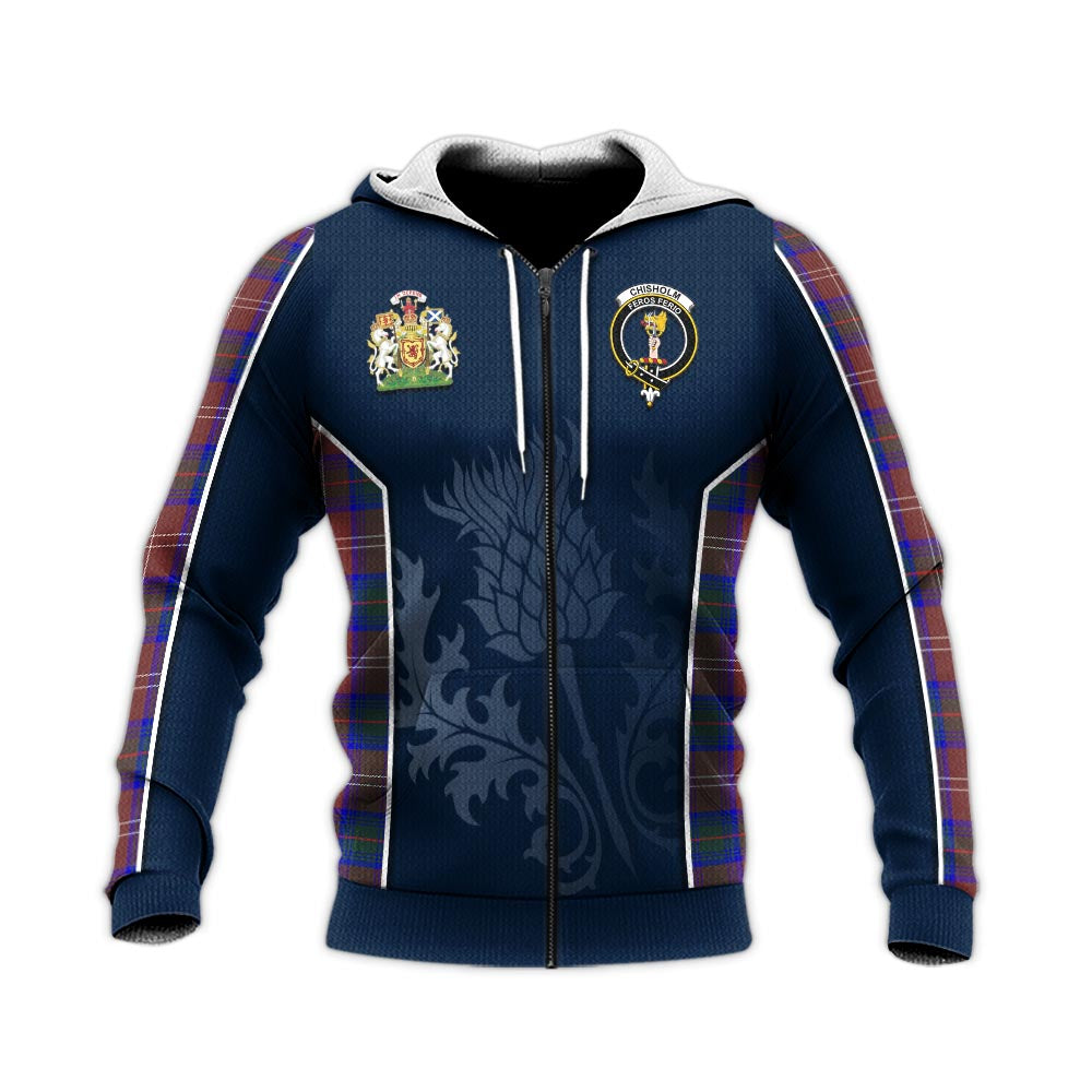 Tartan Vibes Clothing Chisholm Hunting Modern Tartan Knitted Hoodie with Family Crest and Scottish Thistle Vibes Sport Style