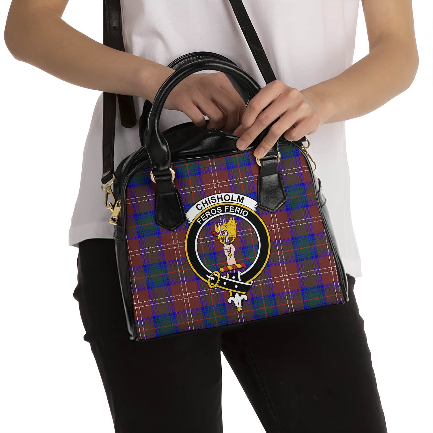 Chisholm Hunting Modern Tartan Shoulder Handbags with Family Crest - Tartanvibesclothing