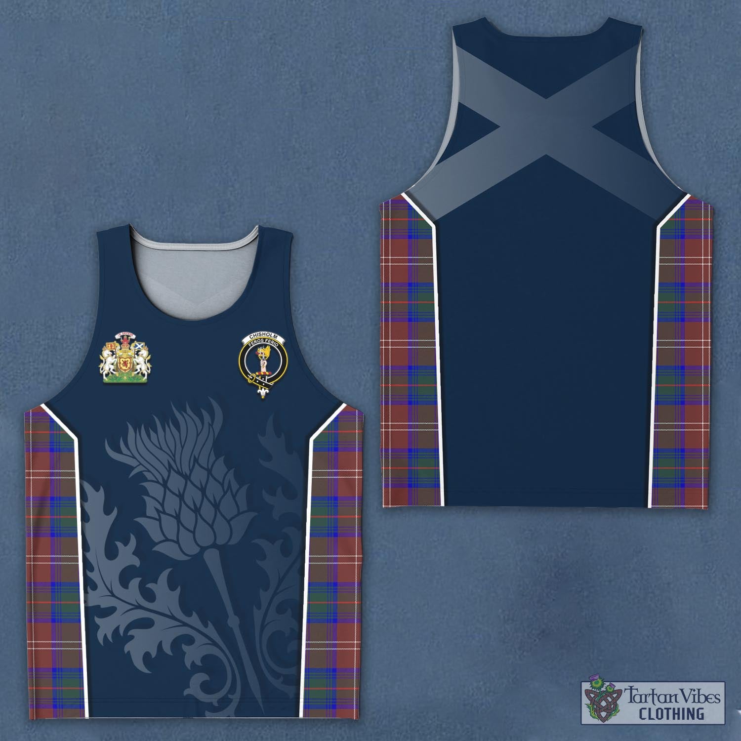 Tartan Vibes Clothing Chisholm Hunting Modern Tartan Men's Tanks Top with Family Crest and Scottish Thistle Vibes Sport Style