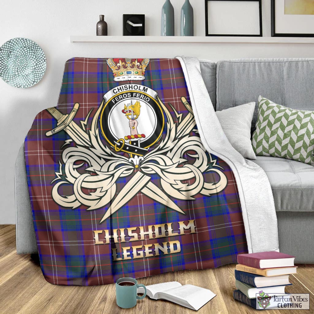 Tartan Vibes Clothing Chisholm Hunting Modern Tartan Blanket with Clan Crest and the Golden Sword of Courageous Legacy