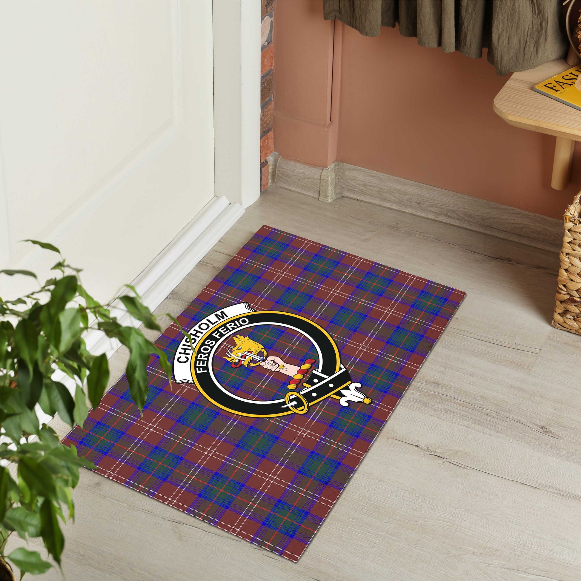 Chisholm Hunting Modern Tartan Door Mat with Family Crest - Tartanvibesclothing