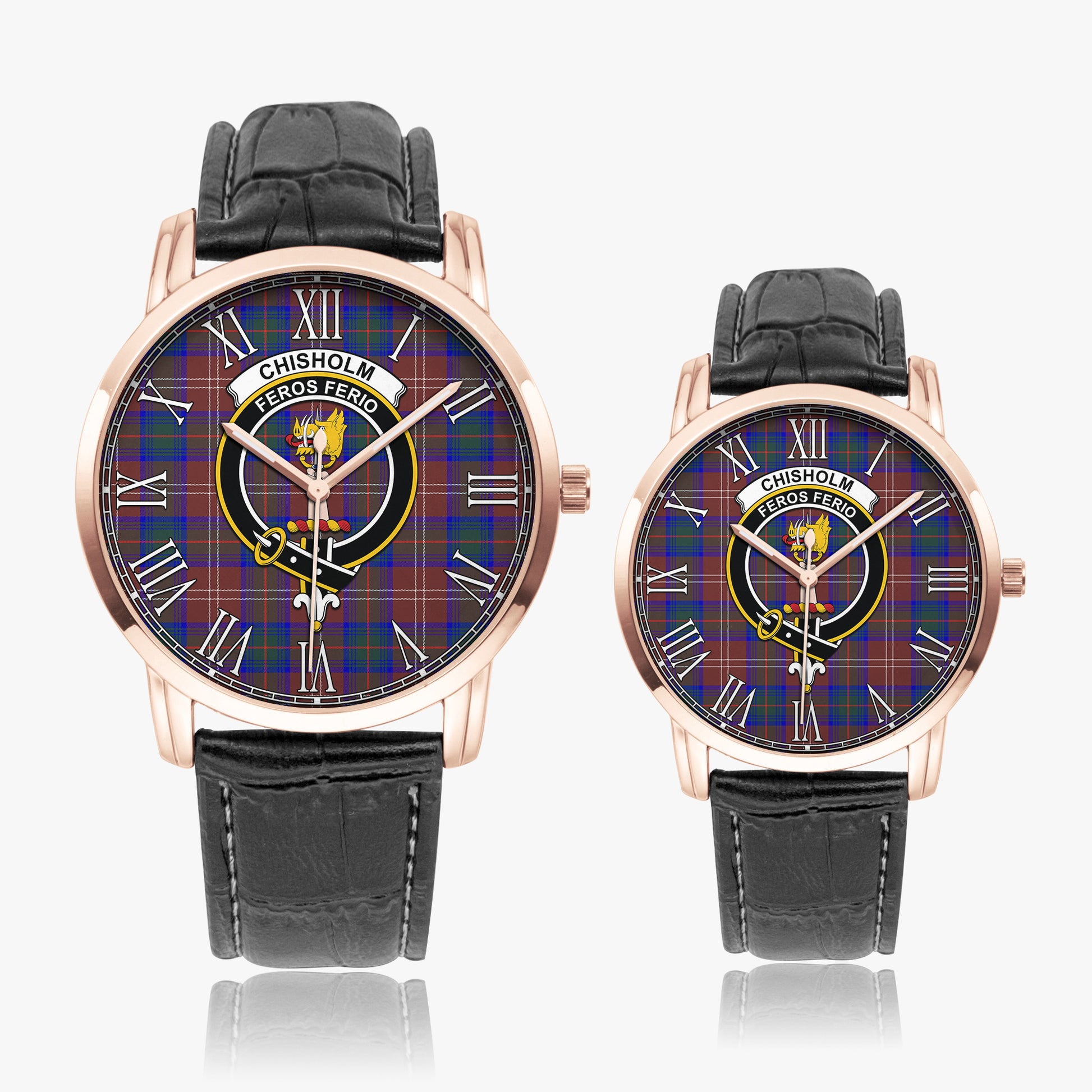 Chisholm Hunting Modern Tartan Family Crest Leather Strap Quartz Watch - Tartanvibesclothing