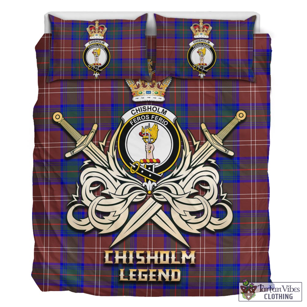 Tartan Vibes Clothing Chisholm Hunting Modern Tartan Bedding Set with Clan Crest and the Golden Sword of Courageous Legacy