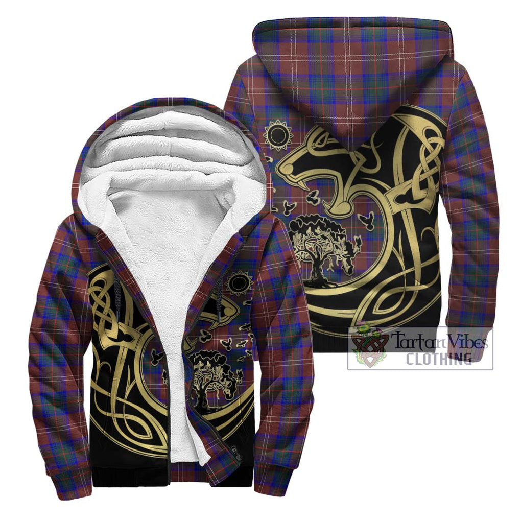 Chisholm Hunting Modern Tartan Sherpa Hoodie with Family Crest Celtic Wolf Style Unisex - Tartan Vibes Clothing