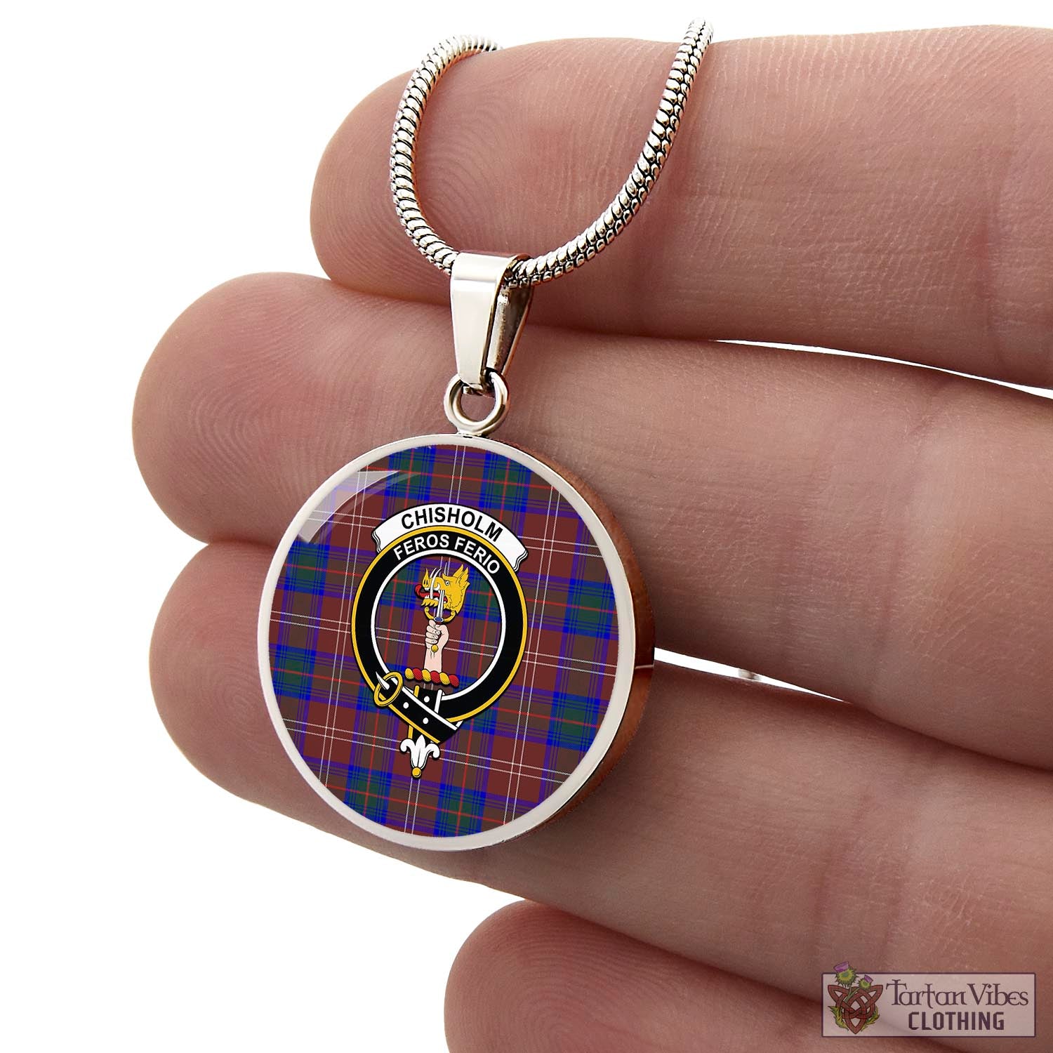 Tartan Vibes Clothing Chisholm Hunting Modern Tartan Circle Necklace with Family Crest