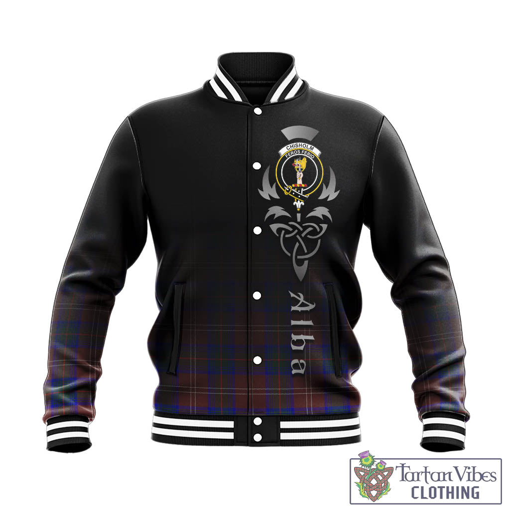 Tartan Vibes Clothing Chisholm Hunting Modern Tartan Baseball Jacket Featuring Alba Gu Brath Family Crest Celtic Inspired