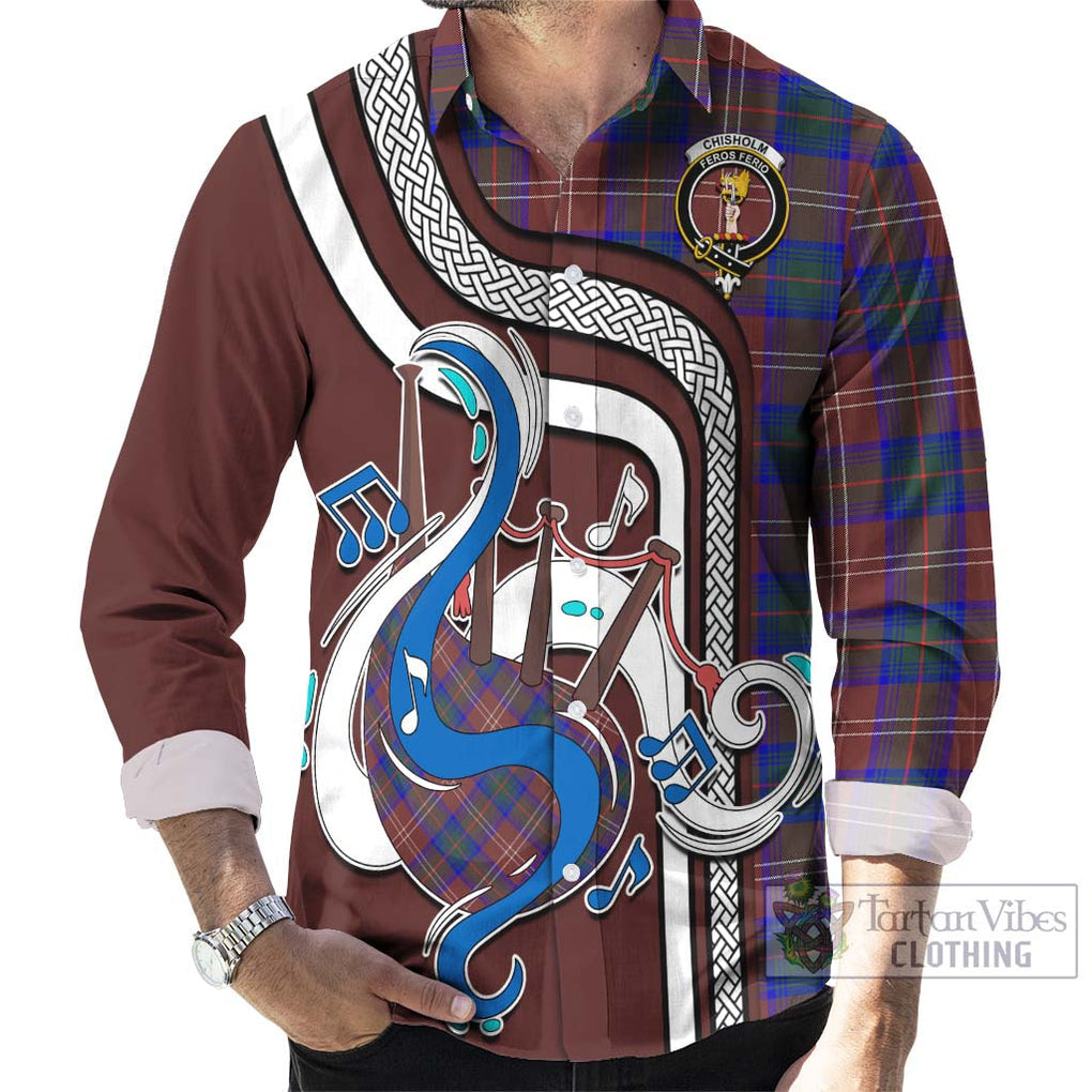 Chisholm Hunting Modern Tartan Long Sleeve Button Shirt with Epic Bagpipe Style - Tartanvibesclothing Shop