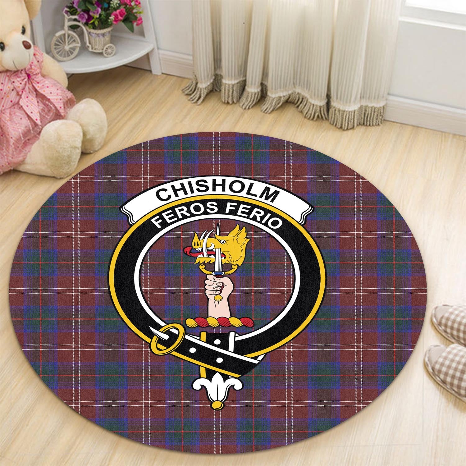 Chisholm Hunting Modern Tartan Round Rug with Family Crest - Tartanvibesclothing