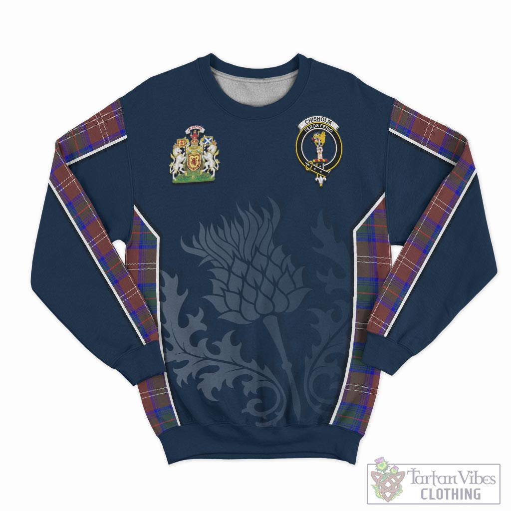 Tartan Vibes Clothing Chisholm Hunting Modern Tartan Sweatshirt with Family Crest and Scottish Thistle Vibes Sport Style