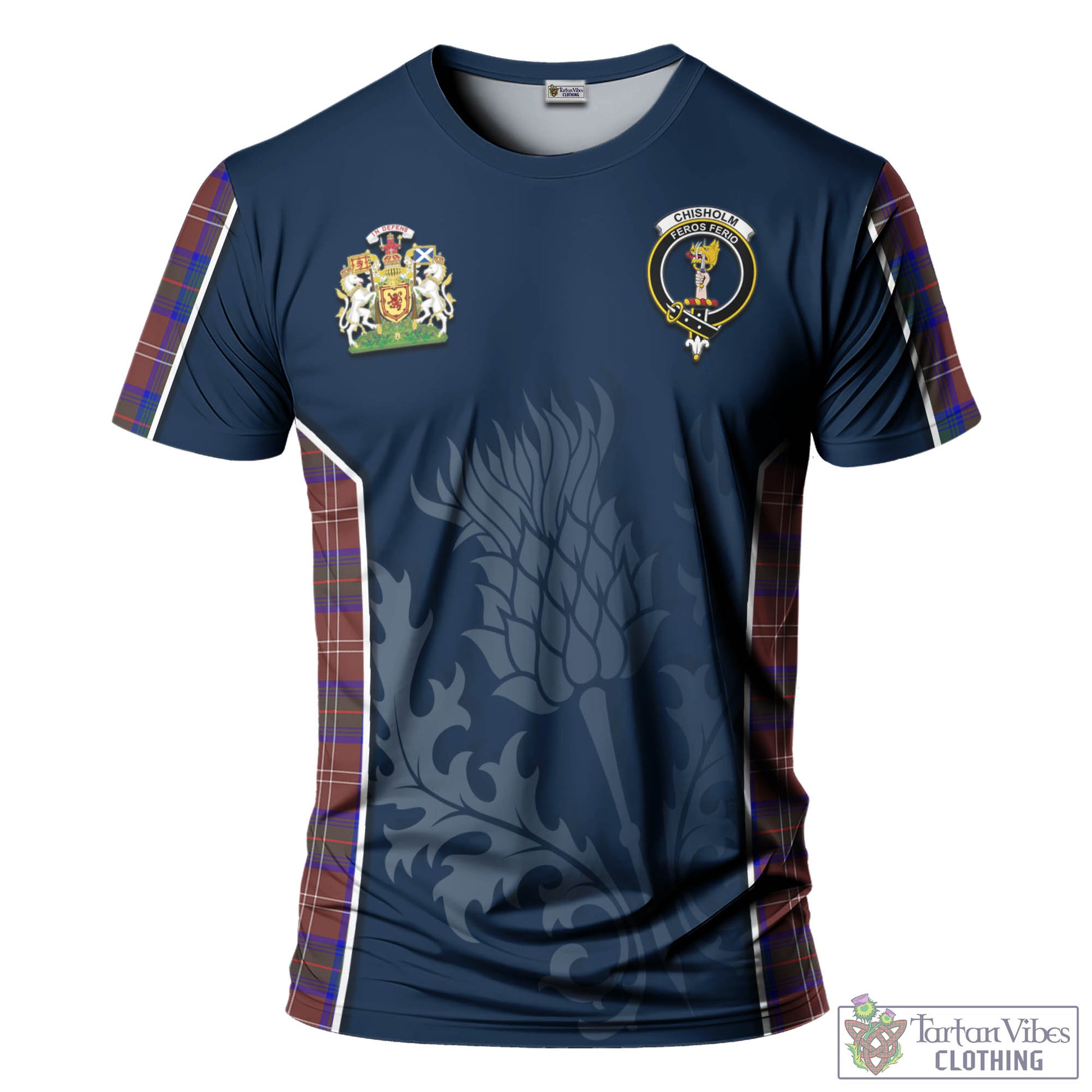 Tartan Vibes Clothing Chisholm Hunting Modern Tartan T-Shirt with Family Crest and Scottish Thistle Vibes Sport Style