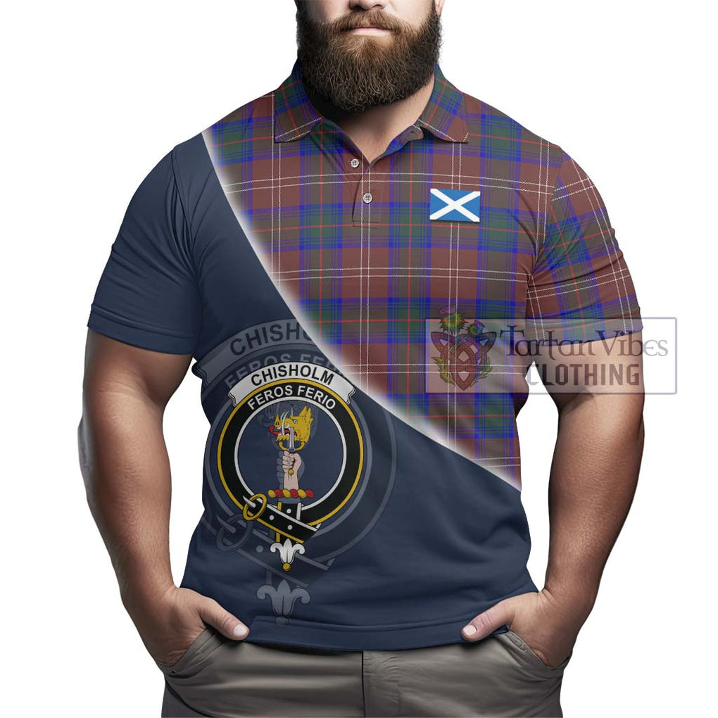 Chisholm Hunting Modern Tartan Polo Shirt with Personalised National Flag and Family Crest Half Style - Tartanvibesclothing Shop