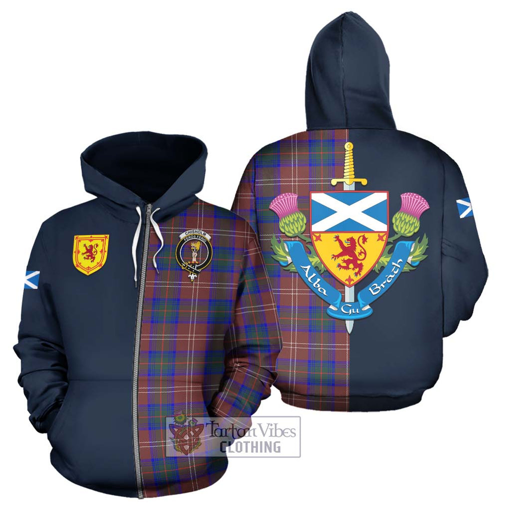 Tartan Vibes Clothing Chisholm Hunting Modern Tartan Hoodie with Scottish Lion Royal Arm Half Style