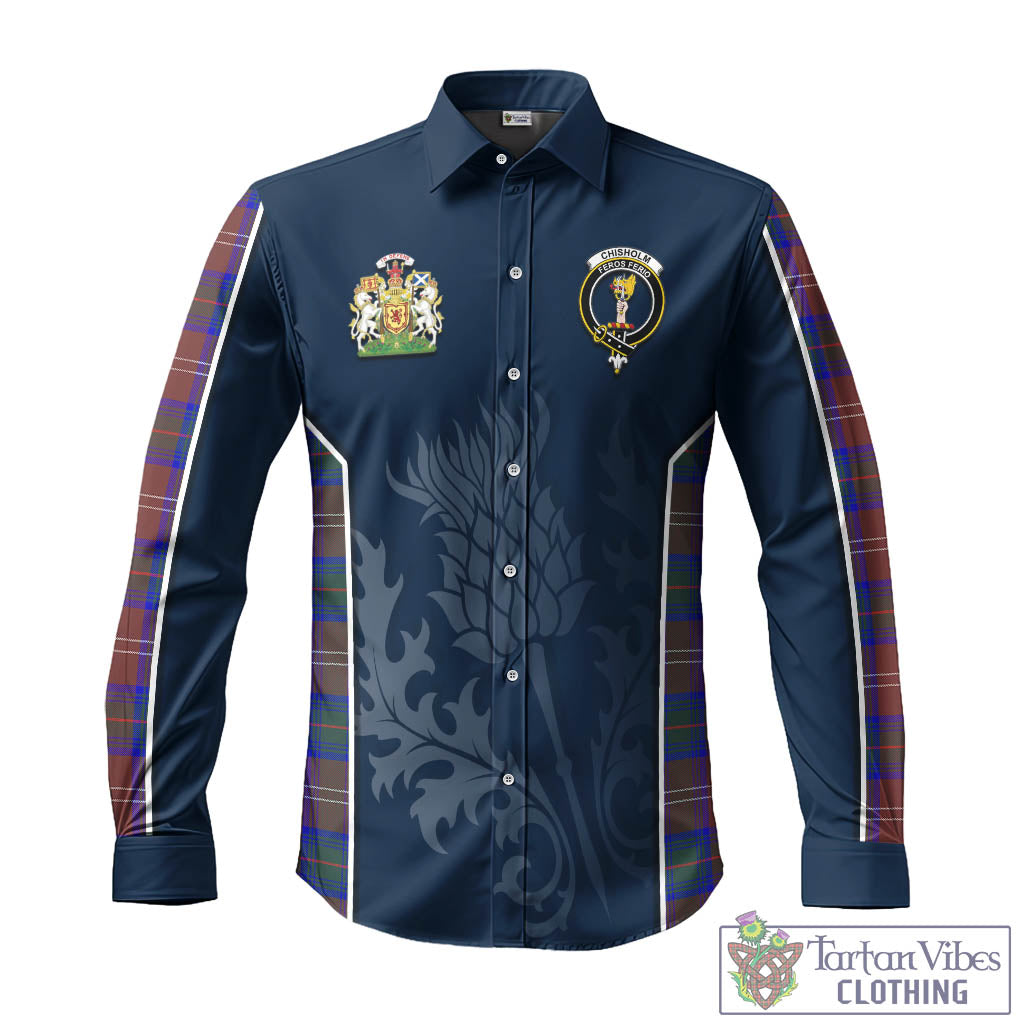 Tartan Vibes Clothing Chisholm Hunting Modern Tartan Long Sleeve Button Up Shirt with Family Crest and Scottish Thistle Vibes Sport Style