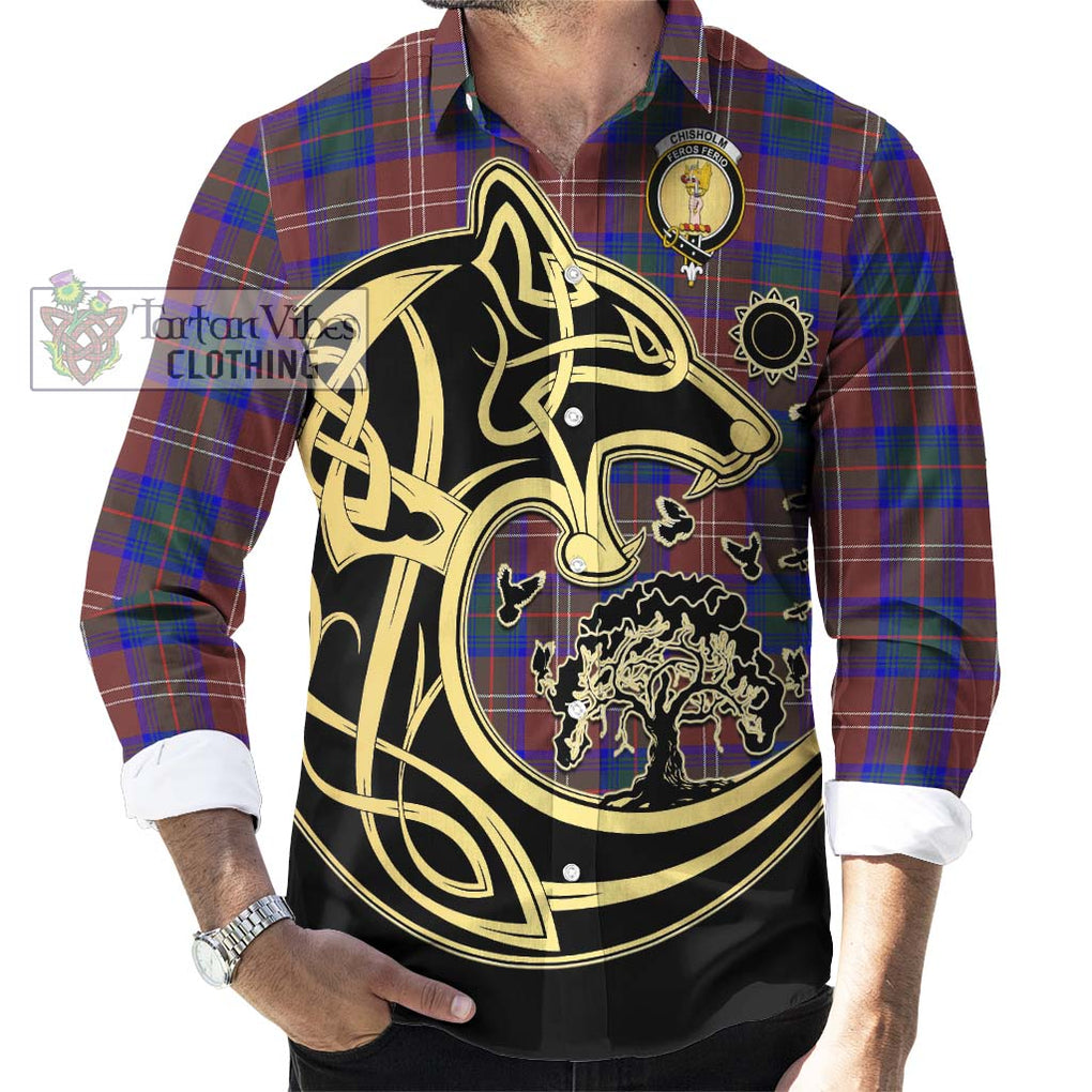 Chisholm Hunting Modern Tartan Long Sleeve Button Shirt with Family Crest Celtic Wolf Style - Tartan Vibes Clothing