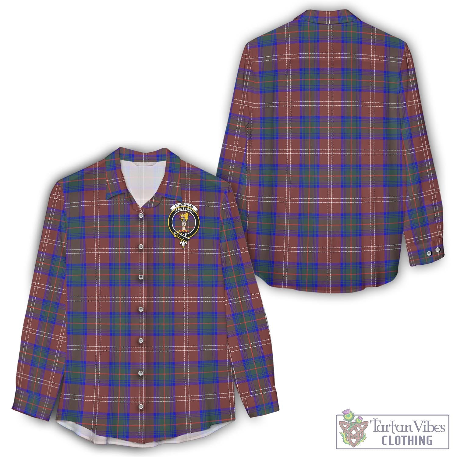 Tartan Vibes Clothing Chisholm Hunting Modern Tartan Womens Casual Shirt with Family Crest