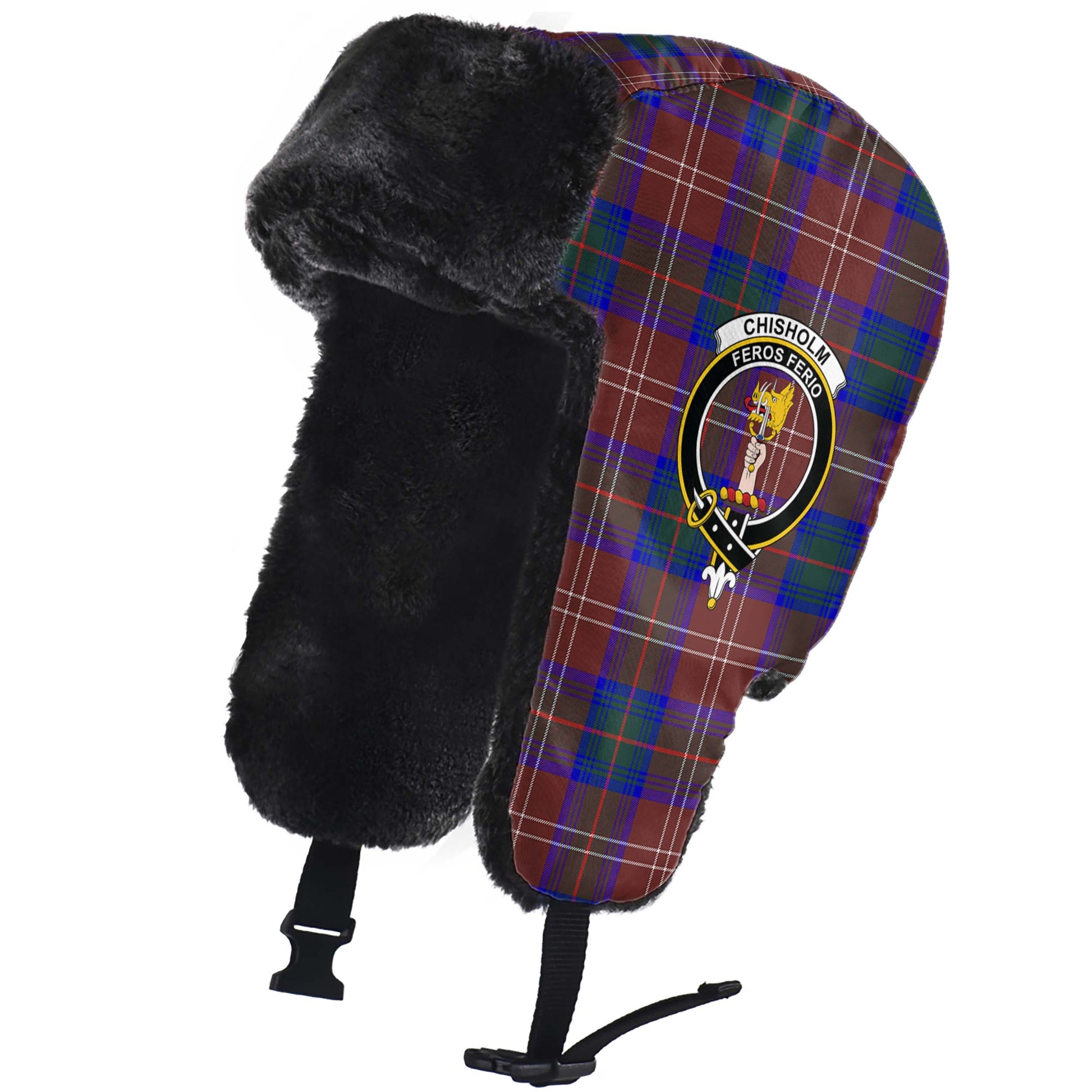 Chisholm Hunting Modern Tartan Winter Trapper Hat with Family Crest - Tartanvibesclothing