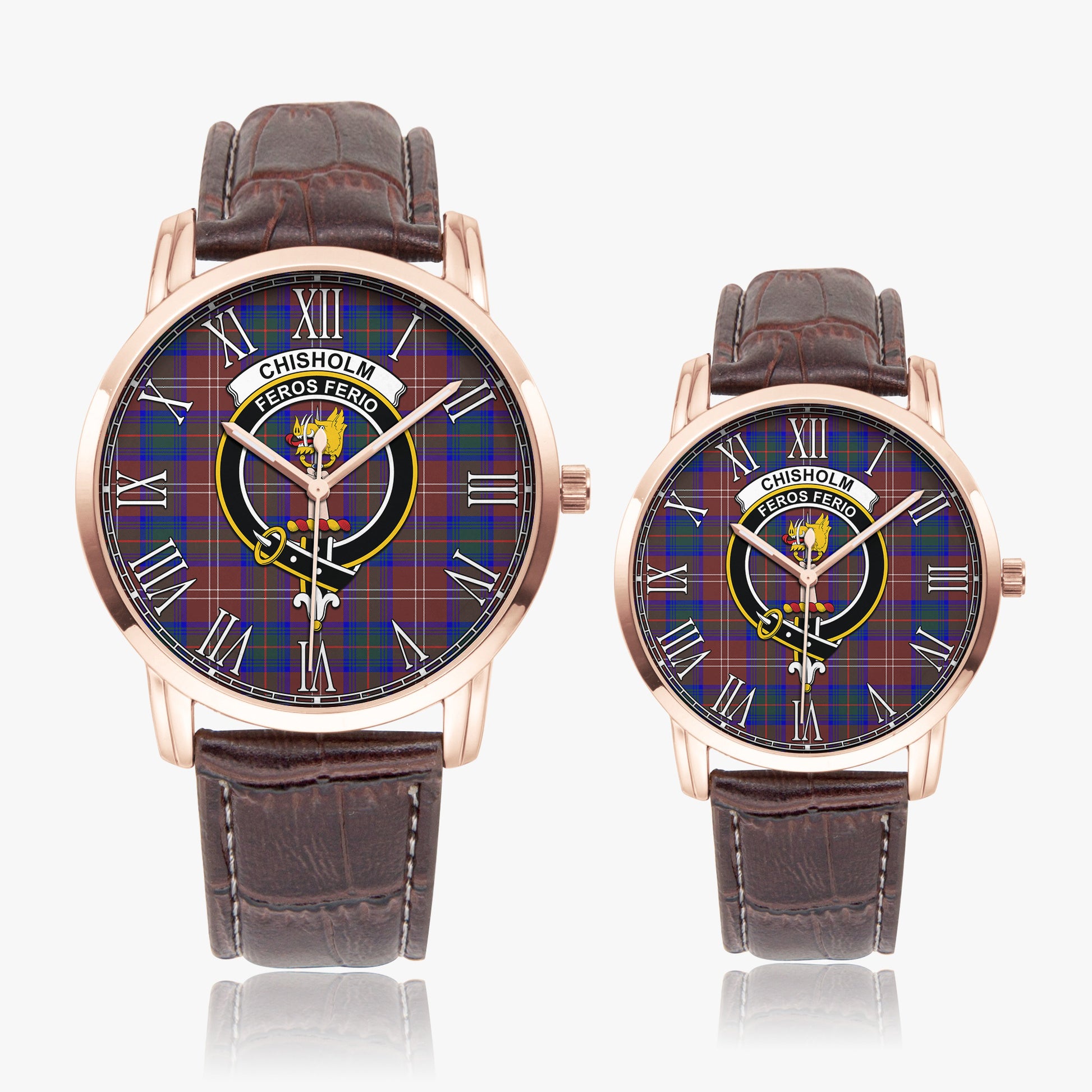 Chisholm Hunting Modern Tartan Family Crest Leather Strap Quartz Watch - Tartanvibesclothing