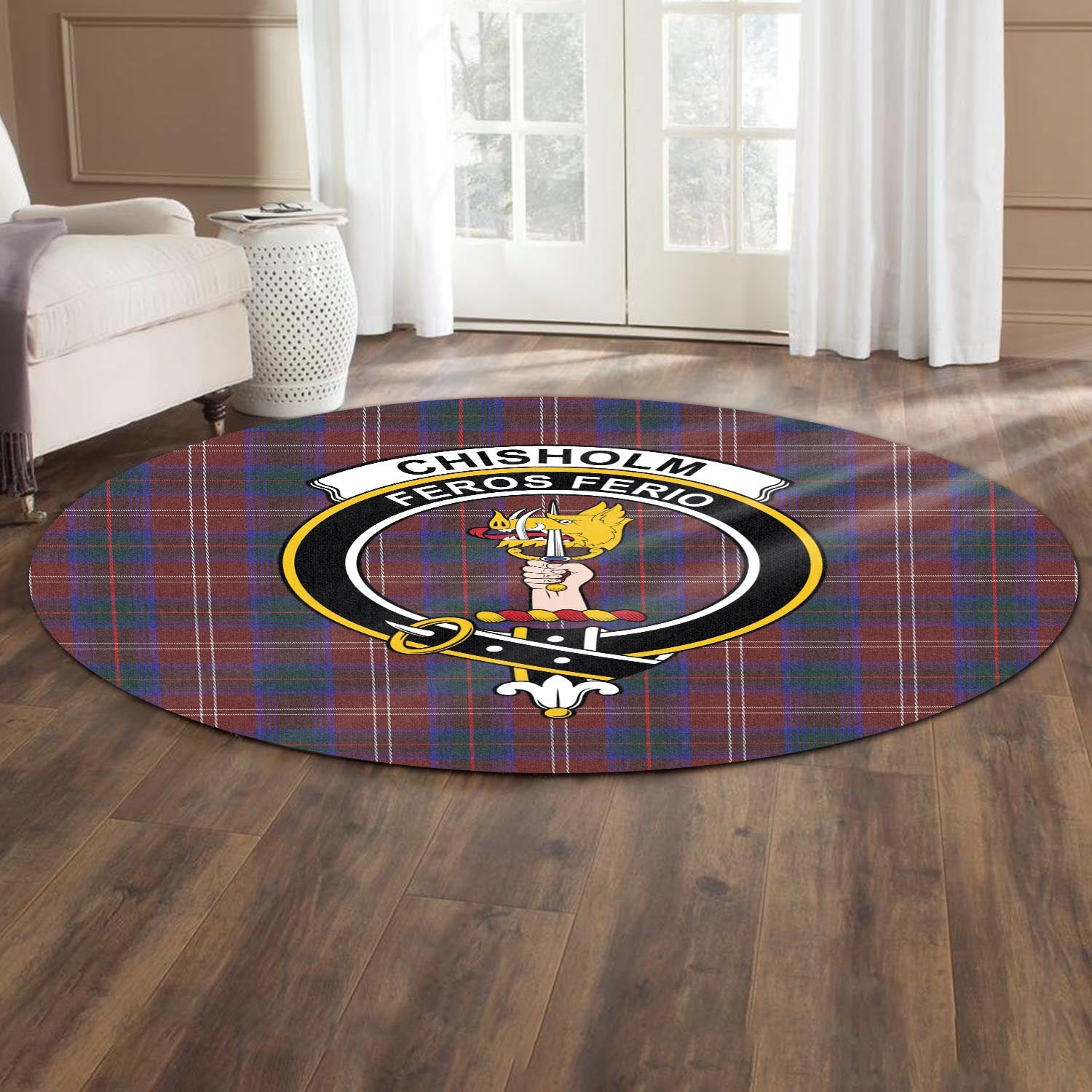 Chisholm Hunting Modern Tartan Round Rug with Family Crest - Tartanvibesclothing