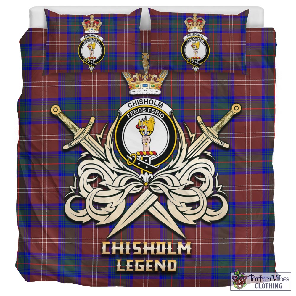 Tartan Vibes Clothing Chisholm Hunting Modern Tartan Bedding Set with Clan Crest and the Golden Sword of Courageous Legacy