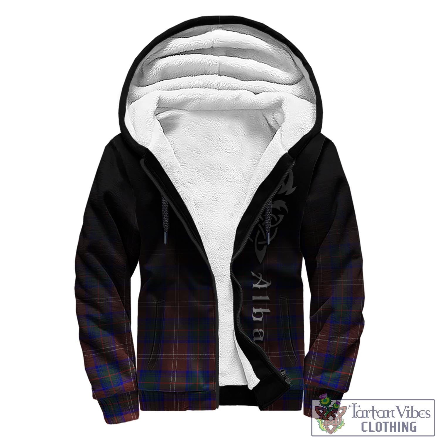 Tartan Vibes Clothing Chisholm Hunting Modern Tartan Sherpa Hoodie Featuring Alba Gu Brath Family Crest Celtic Inspired