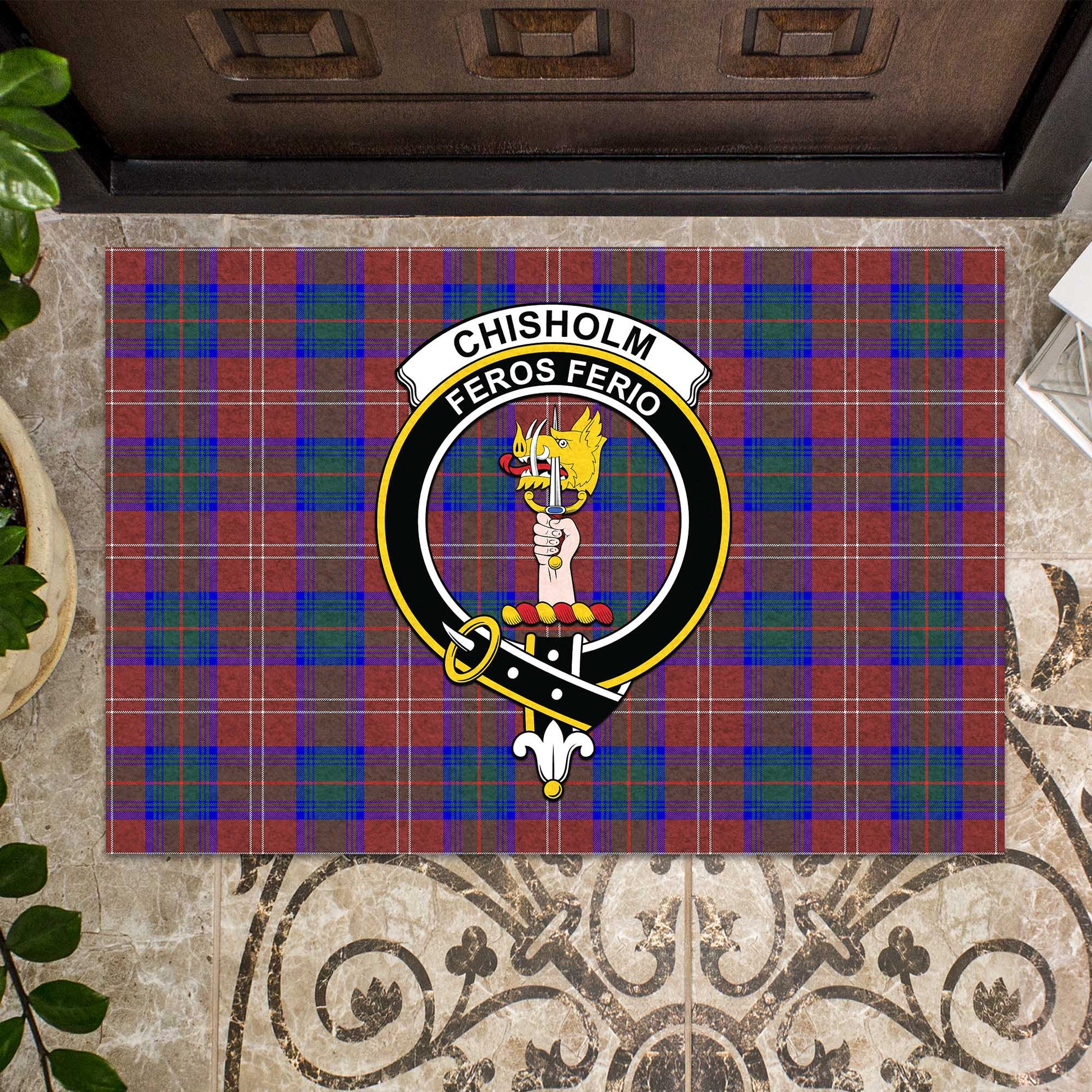 Chisholm Hunting Modern Tartan Door Mat with Family Crest - Tartanvibesclothing