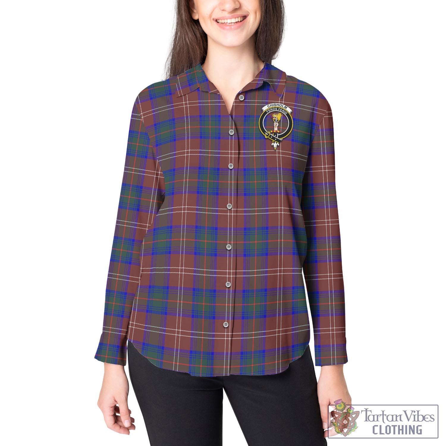 Tartan Vibes Clothing Chisholm Hunting Modern Tartan Womens Casual Shirt with Family Crest