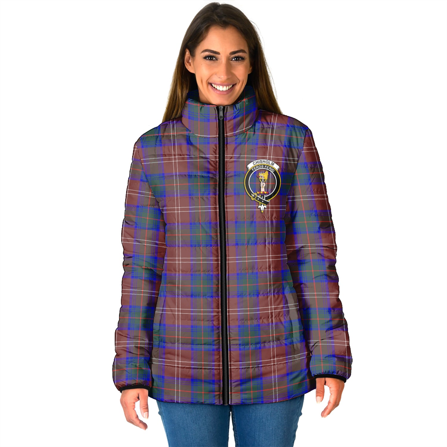 Chisholm Hunting Modern Tartan Padded Jacket with Family Crest - Tartan Vibes Clothing