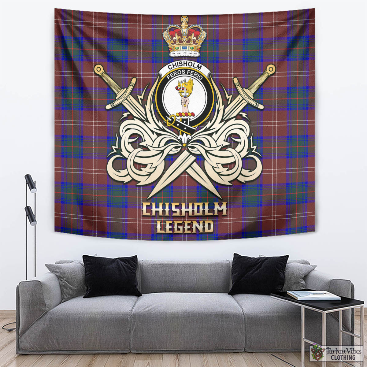 Tartan Vibes Clothing Chisholm Hunting Modern Tartan Tapestry with Clan Crest and the Golden Sword of Courageous Legacy