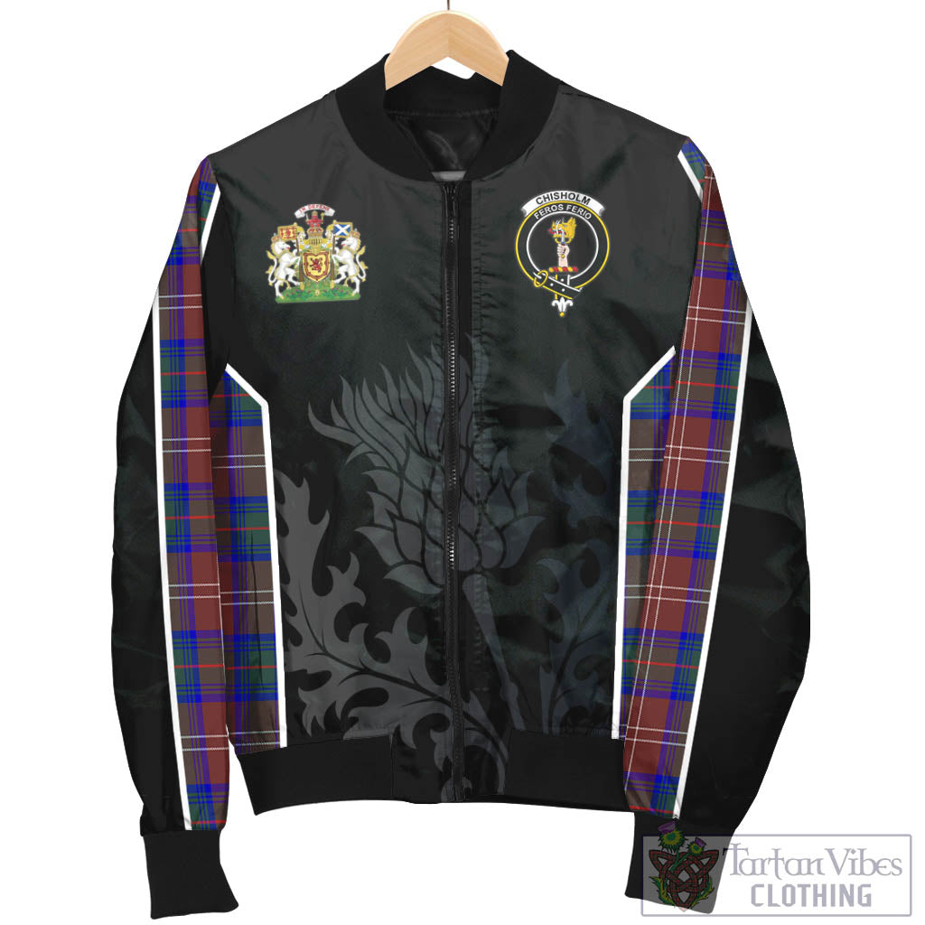 Tartan Vibes Clothing Chisholm Hunting Modern Tartan Bomber Jacket with Family Crest and Scottish Thistle Vibes Sport Style