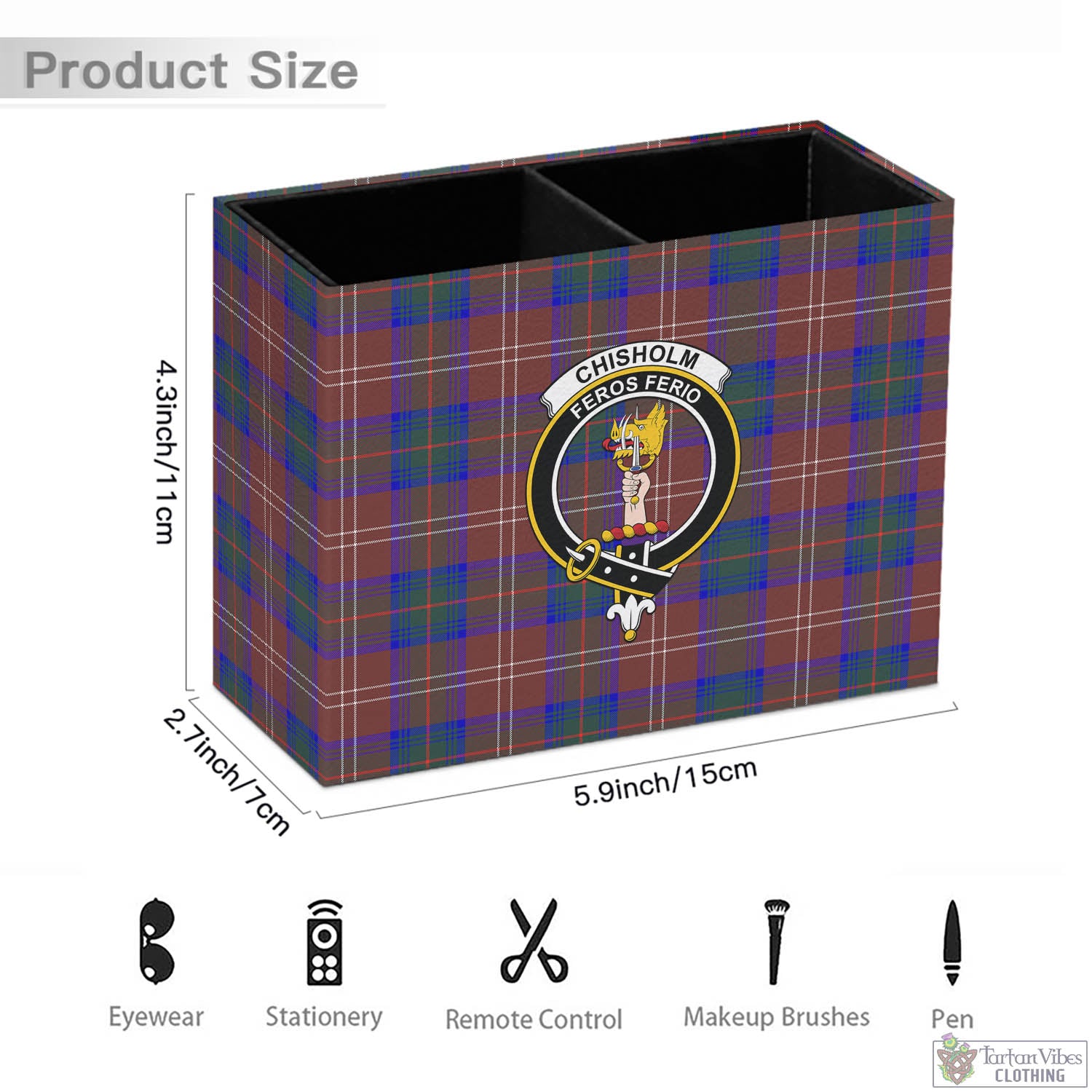 Tartan Vibes Clothing Chisholm Hunting Modern Tartan Pen Holder with Family Crest