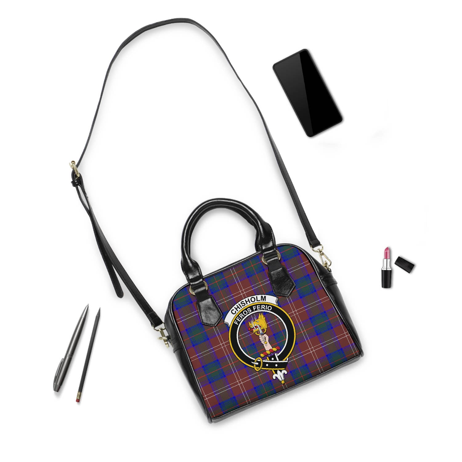 Chisholm Hunting Modern Tartan Shoulder Handbags with Family Crest - Tartanvibesclothing