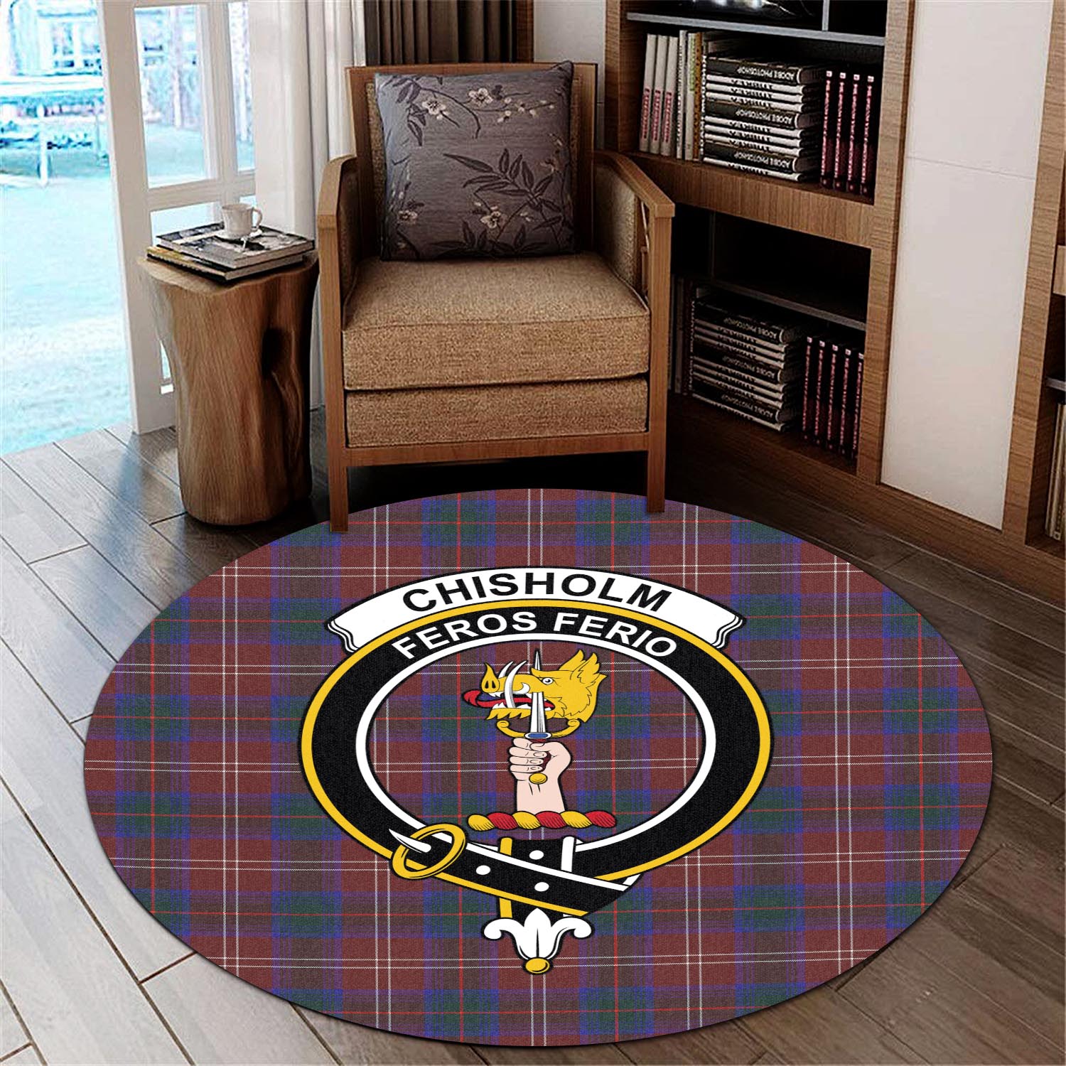 Chisholm Hunting Modern Tartan Round Rug with Family Crest - Tartanvibesclothing