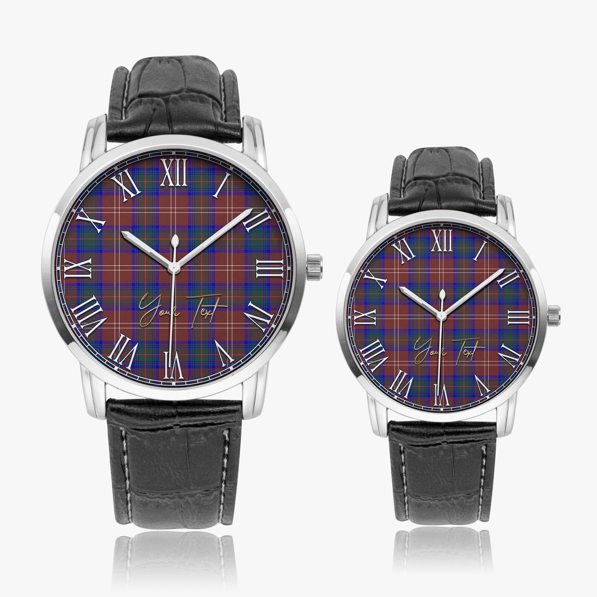 Chisholm Hunting Modern Tartan Personalized Your Text Leather Trap Quartz Watch Wide Type Silver Case With Black Leather Strap - Tartanvibesclothing