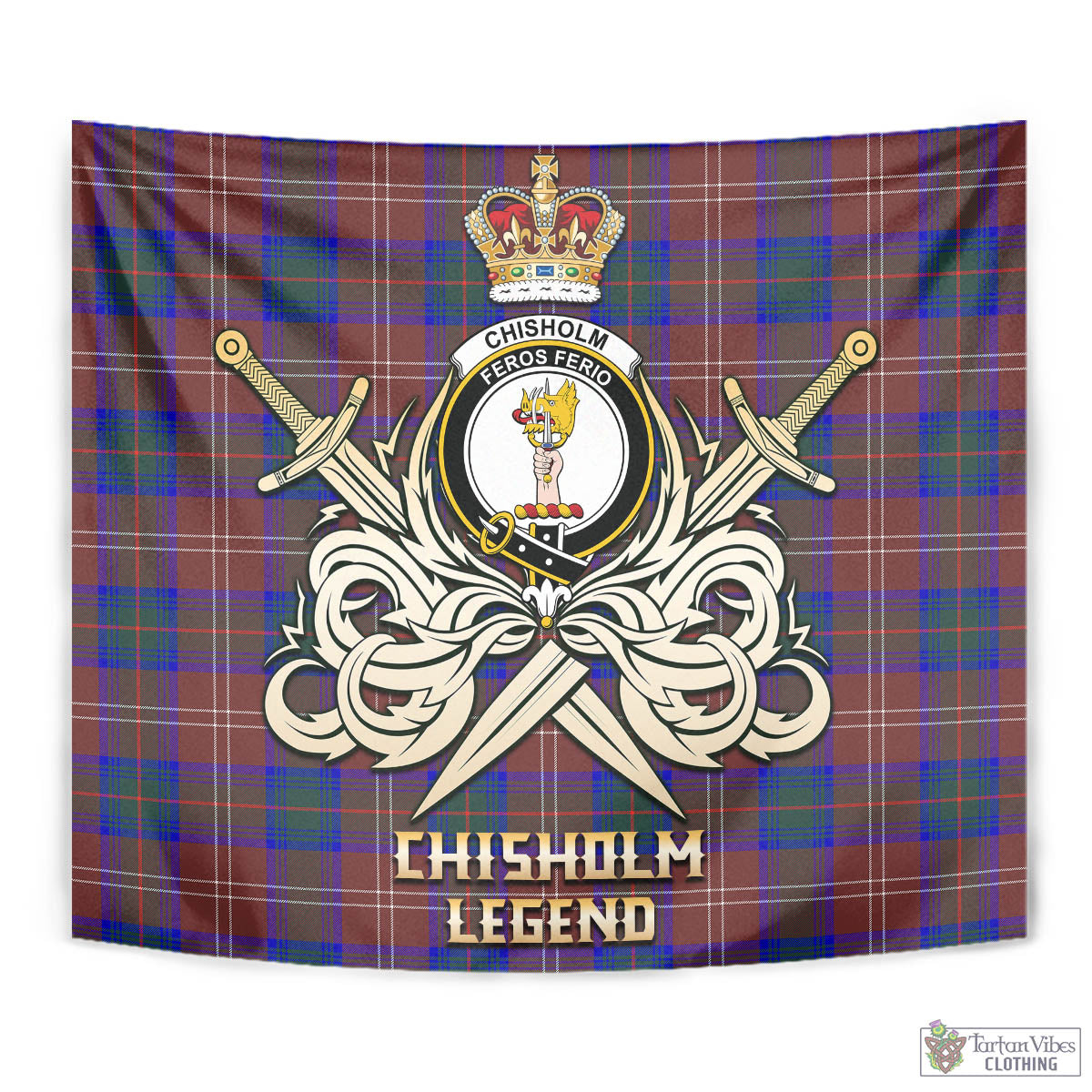 Tartan Vibes Clothing Chisholm Hunting Modern Tartan Tapestry with Clan Crest and the Golden Sword of Courageous Legacy