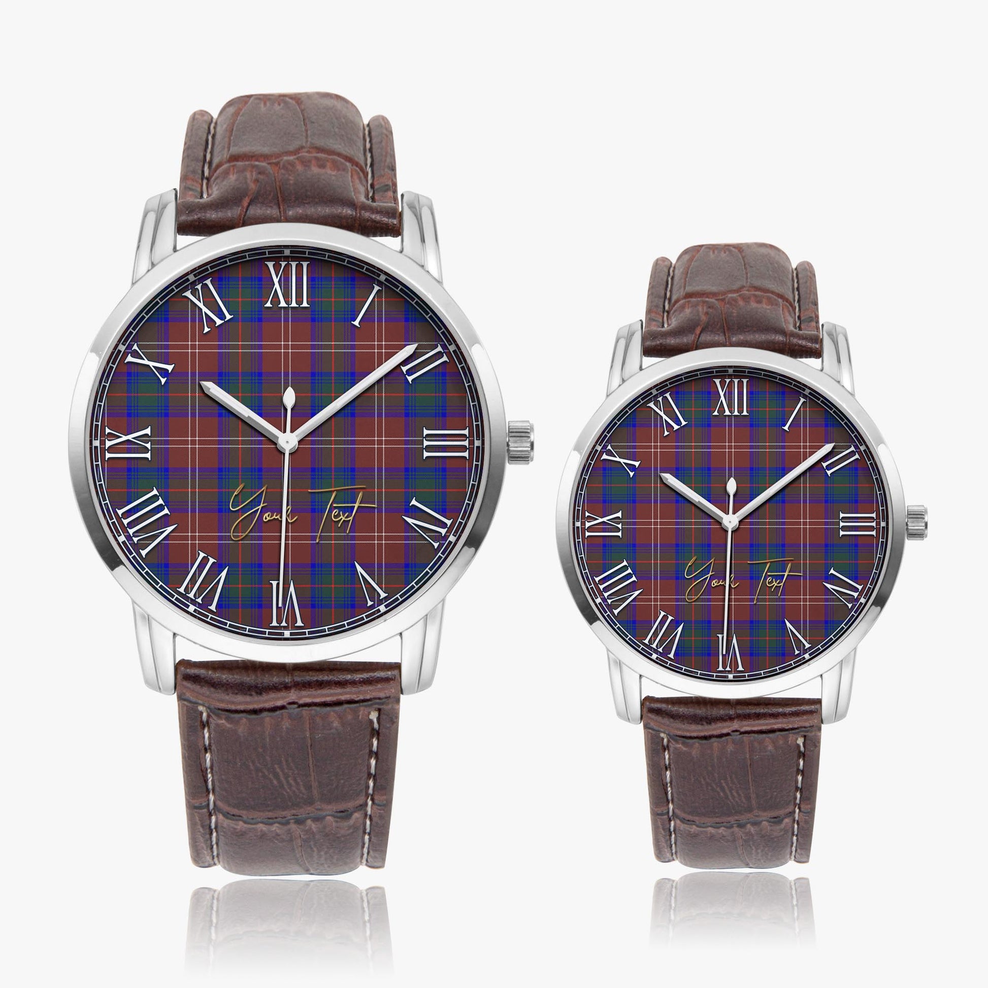 Chisholm Hunting Modern Tartan Personalized Your Text Leather Trap Quartz Watch Wide Type Silver Case With Brown Leather Strap - Tartanvibesclothing