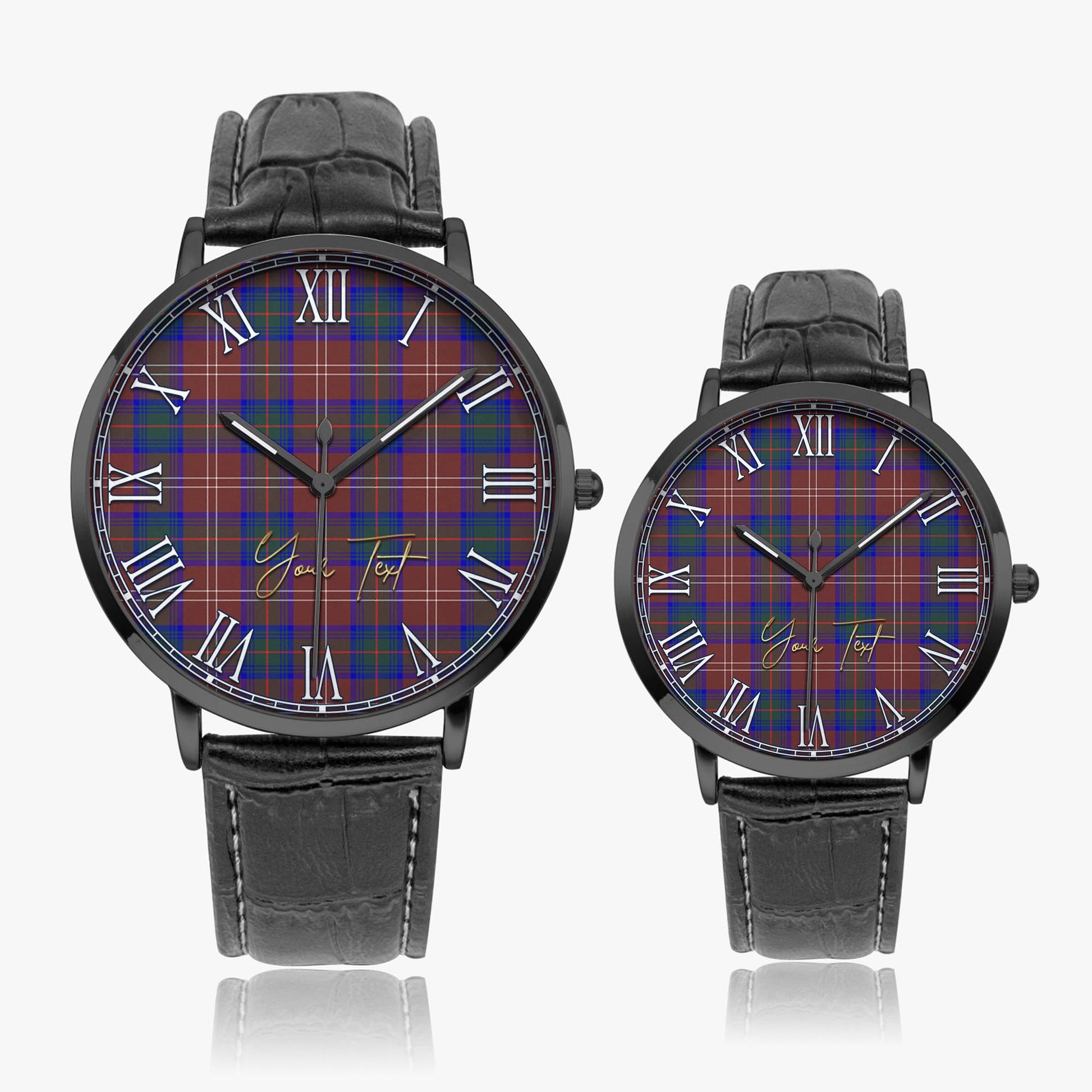 Chisholm Hunting Modern Tartan Personalized Your Text Leather Trap Quartz Watch Ultra Thin Black Case With Black Leather Strap - Tartanvibesclothing