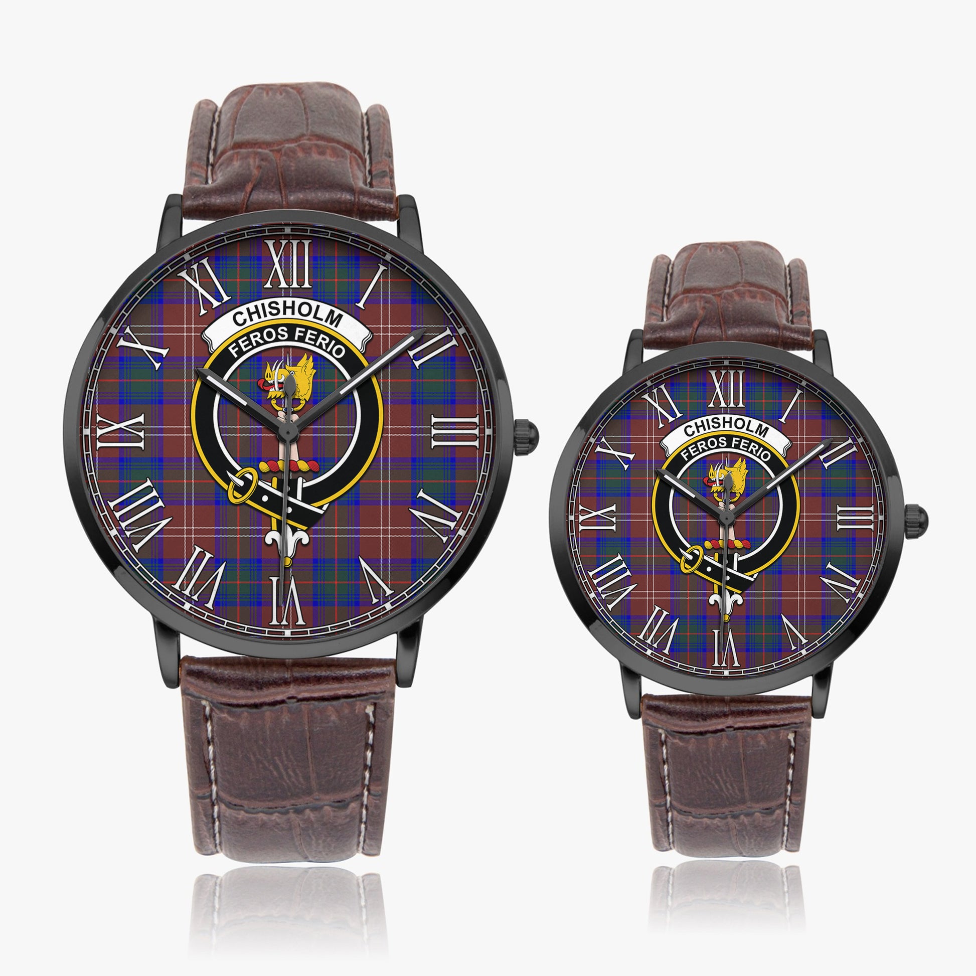 Chisholm Hunting Modern Tartan Family Crest Leather Strap Quartz Watch - Tartanvibesclothing